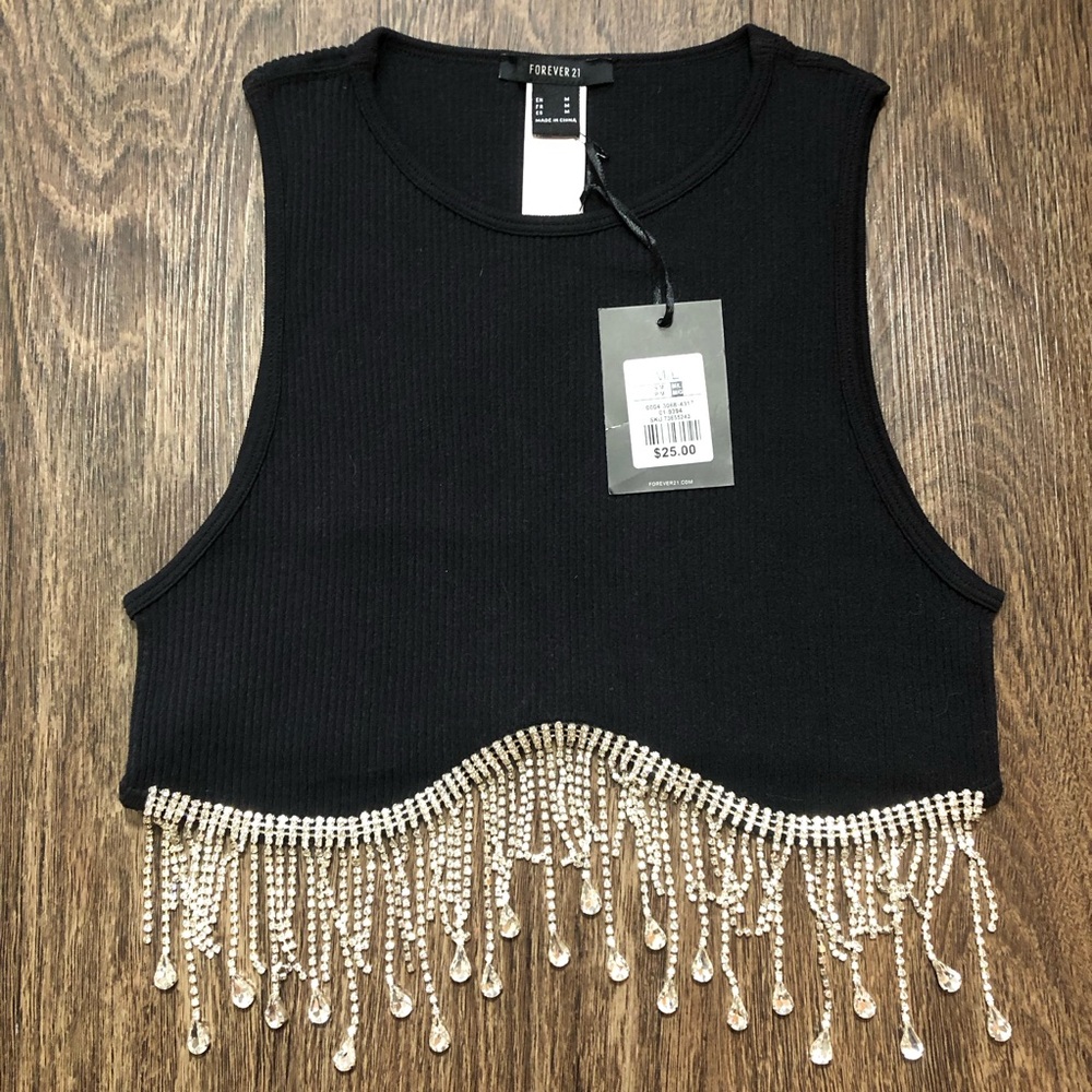 Forever 21 Rhinestone Fringe Ribbed Cropped Tank Top - Picture 5 of 17